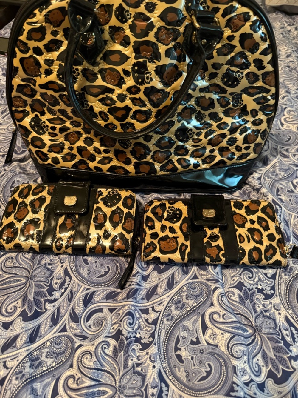 Leopard Patent Satchel & Wallet Set - Black & Tan